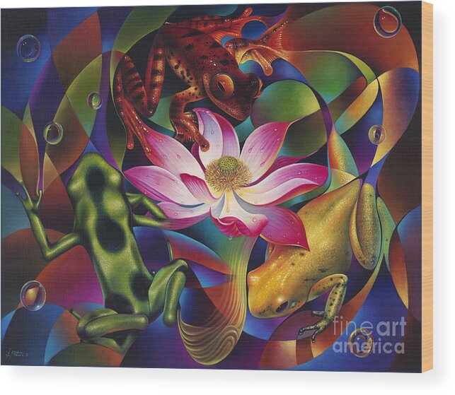 Lily Wood Print featuring the painting Dynamic Frogs by Ricardo Chavez-Mendez
