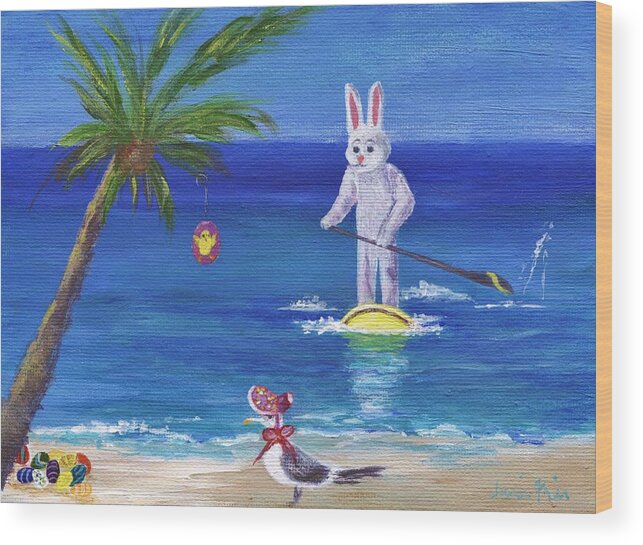 Beach Wood Print featuring the painting E Bunny at the Beach by Jamie Frier