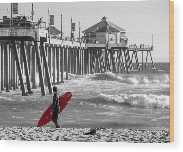 Huntington Beach Wood Print featuring the photograph Existential Surfing At Huntington Beach Selective Color by Scott Campbell