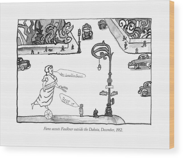 118808 Sst Saul Steinberg Fame Accosts Faulkner Outside The Dakota Wood Print featuring the drawing Fame Accosts Faulkner Outside The Dakota by Saul Steinberg