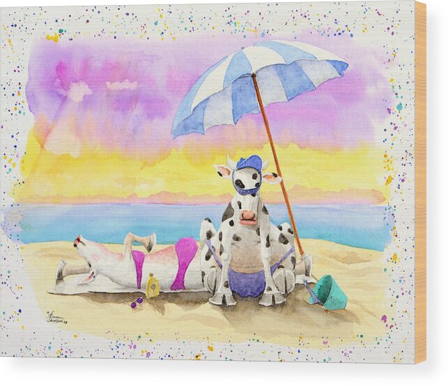 Fat Cows On A Beach Wood Print featuring the painting Fat Cows on a Beach 2 by Sam Davis Johnson