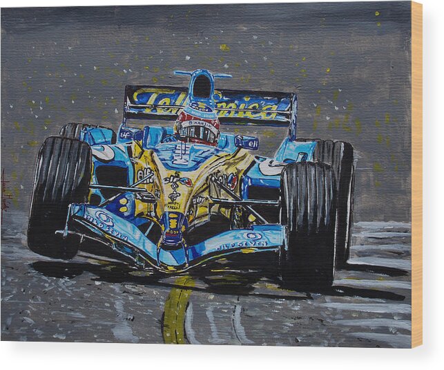 Fernando Alonso Wood Print featuring the painting Fernando Alonso in blue by Juan Mendez