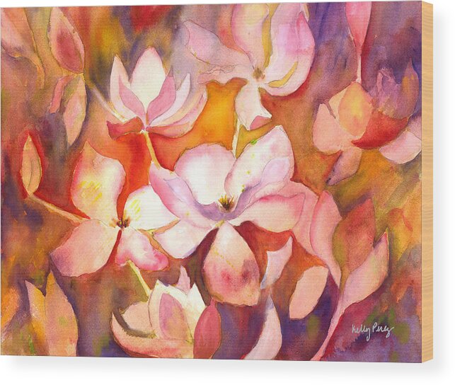 Watercolor Painting Wood Print featuring the painting Fiery Magnolias by Kelly Perez