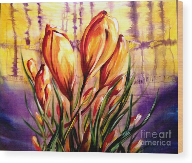 Spring Wood Print featuring the painting First Blooms Of Spring by Karen Ferrand Carroll