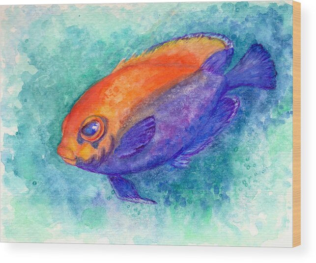 Tropical Fish Wood Print featuring the painting Flameback Angelfish by Ashley Kujan