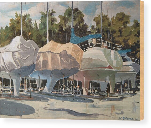 Fall Wood Print featuring the painting Four Yachts at Rest by David Gilmore