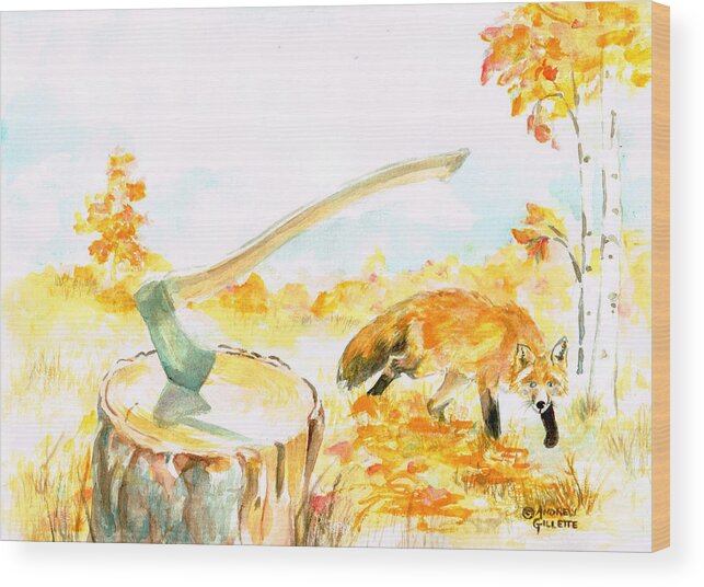 Fox Wood Print featuring the painting Fox in Autumn by Andrew Gillette
