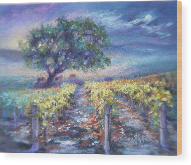 Mini Pastel Wood Print featuring the pastel Full Moon Over The Vineyard by Denise Horne-Kaplan