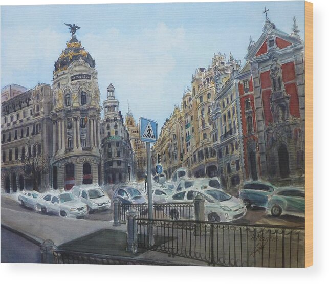 Gran Via Wood Print featuring the painting Gran Via Madrid by Henrieta Maneva