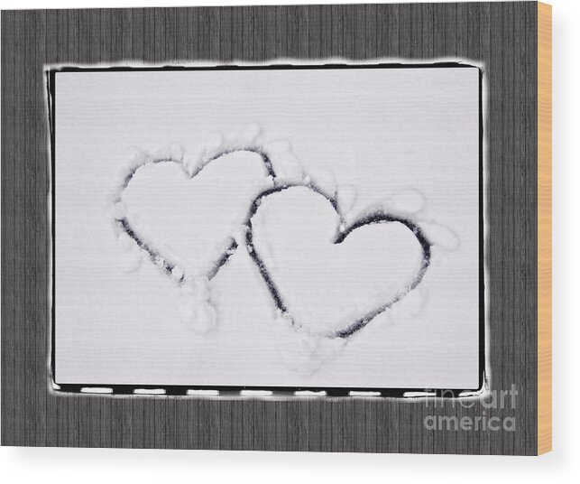 Snow Wood Print featuring the photograph Hearts on Snow with Wood Panel Background by Beverly Claire Kaiya