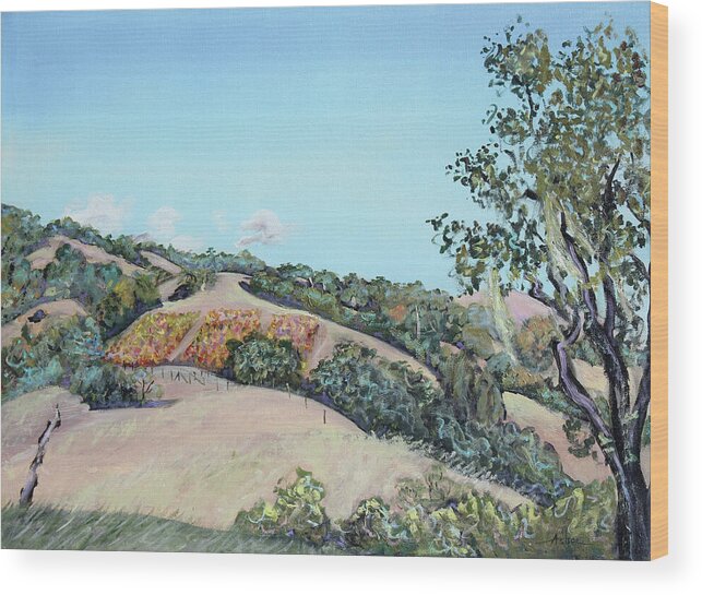 Landscape Painting Wood Print featuring the painting Hill Vineyard and Friendly Clouds by Asha Carolyn Young