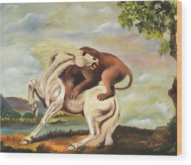 Art Wood Print featuring the painting Horse Attacked By A Lion by Ryszard Ludynia