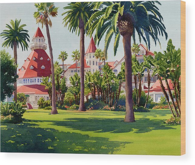 Landscape Wood Print featuring the painting Hotel Del Coronado by Mary Helmreich