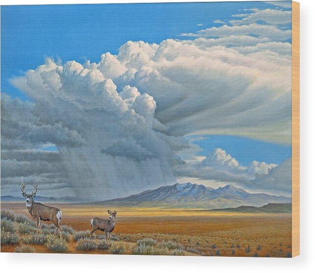 Landscape Wood Print featuring the painting In the Foothills-Mule Deer by Paul Krapf