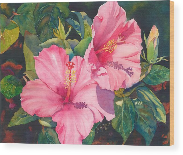 Hibiscus Wood Print featuring the painting In the Pink by Judy Mercer