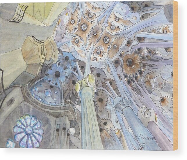 Architecture Wood Print featuring the painting Inner Sagrada Familia by Henrieta Maneva