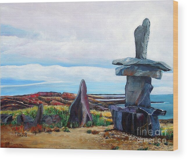 Stone Landmark Wood Print featuring the painting Inukshuk by Marilyn McNish