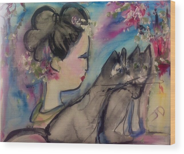 Felines Wood Print featuring the painting Japanese lady and felines by Judith Desrosiers
