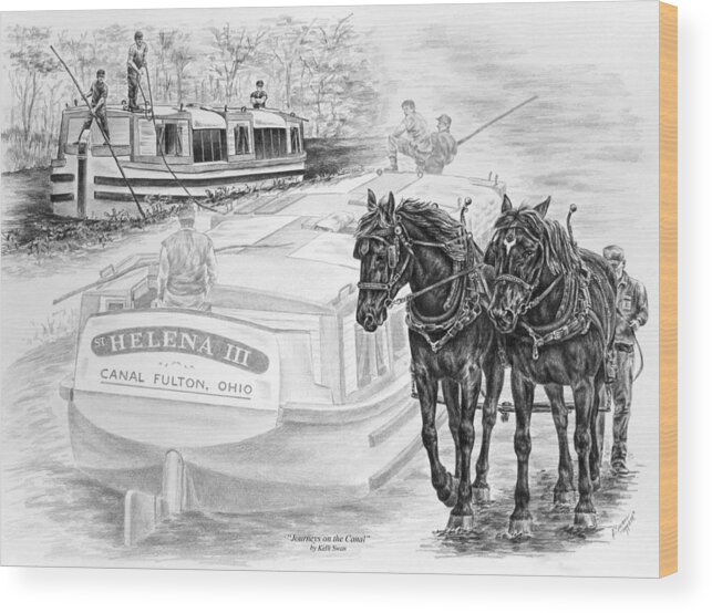 Canal Wood Print featuring the drawing Journeys on the Canal - Canal Boat Print by Kelli Swan