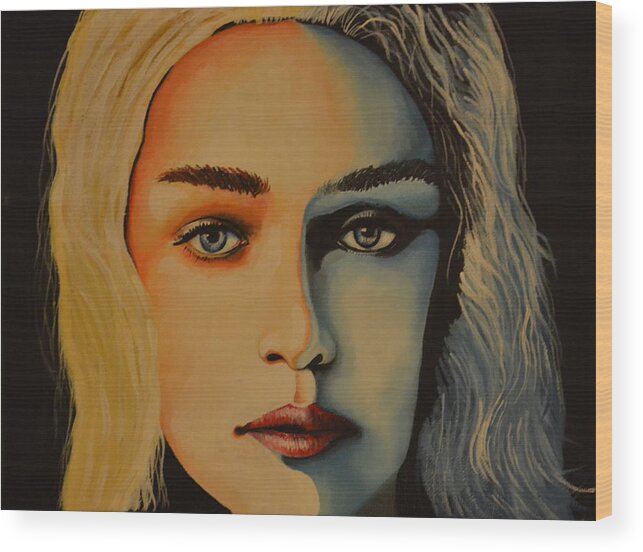 This Is A Painting Of Khalessi From The Series The Game Of Thrones. Her Face Is Painted In Two Different Colors. The Blue Represents Her Cold Side And The Bright Colors Her Caring Side. Wood Print featuring the painting Khaleesi Game of Thrones by Martin Schmidt