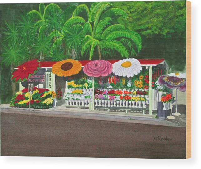 Flowers Wood Print featuring the painting Laguna Beach Flower Stand by Mike Robles