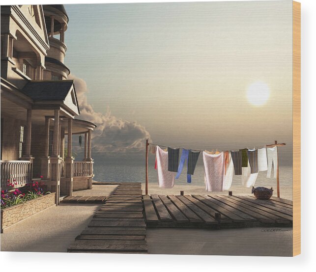 Beach Wood Print featuring the digital art Laundry Day by Cynthia Decker