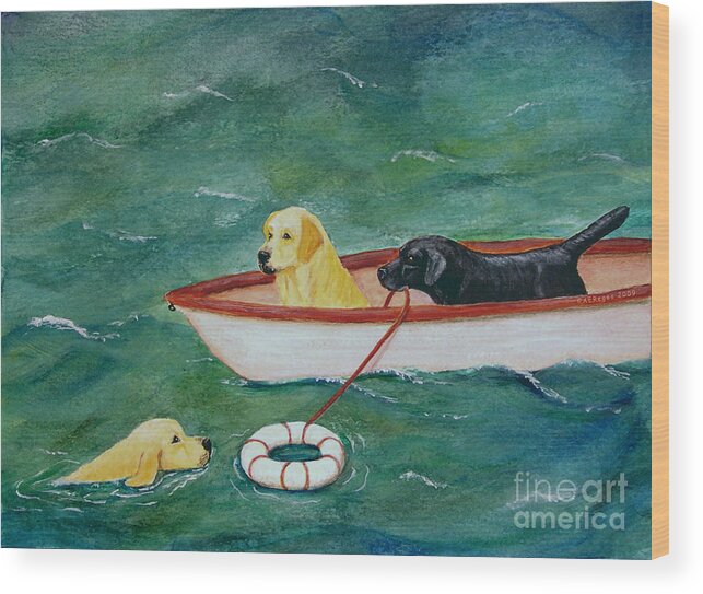 Dog Wood Print featuring the painting Lifeboat Labrador Dogs to the Rescue by Amy Reges