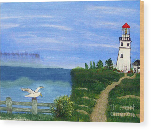 Lighthouse And Seagull Wood Print featuring the painting Lighthouse and seagull 2 by Mindy Bench