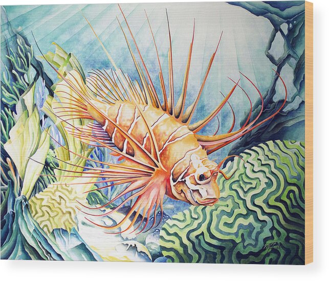 Lion Fish Wood Print featuring the painting Lion by William Love