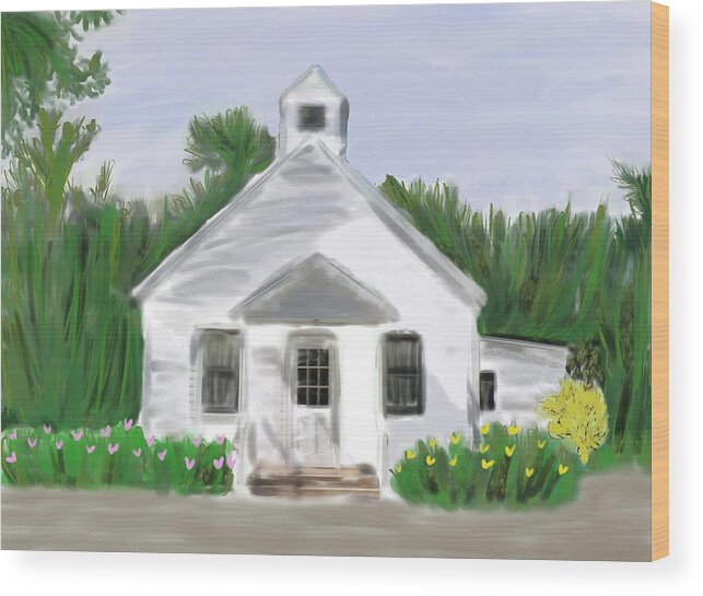 Painting Wood Print featuring the painting Little White Church by Rosalie Scanlon
