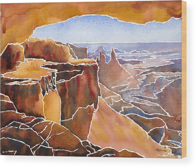 Watercolor Wood Print featuring the painting Mesa Arch by Mary Giacomini
