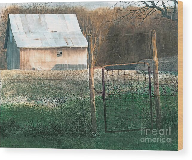 A Small Barn On A Small Farm In Missouri Glows In The Lowering Evening Sun Of Another Quiet Day In The Country. Wood Print featuring the painting Milking Time by Monte Toon