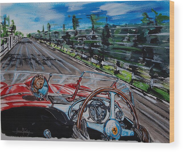 Peter Collins Wood Print featuring the painting Mille Miglia on board with Peter Collins by Juan Mendez