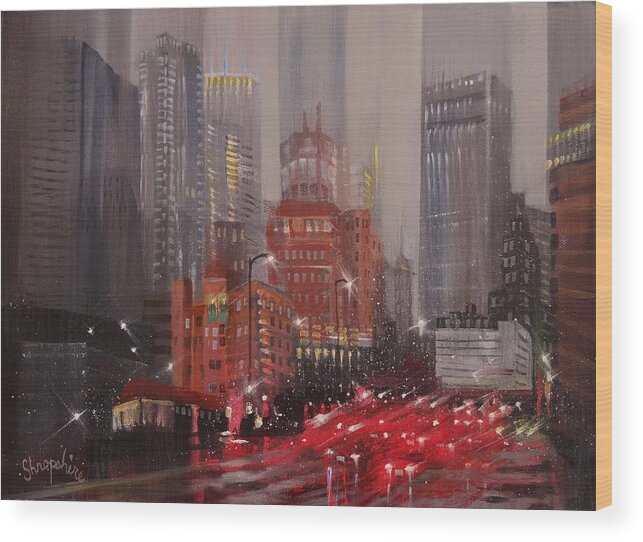  City Rain Wood Print featuring the painting Minneapolis Rain by Tom Shropshire