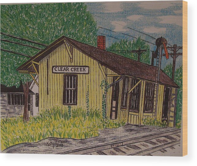 Monon. Monon Train Wood Print featuring the painting Monon Clear Creek Indiana Train Depot by Kathy Marrs Chandler