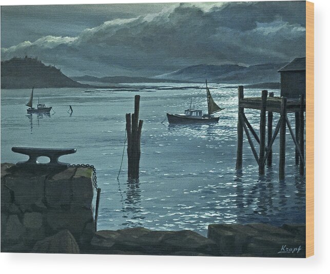 Seascape Wood Print featuring the painting Moonlight on the Harbor by Paul Krapf