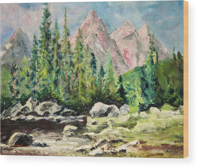 Mountain Scene Oil Painting Wood Print featuring the painting Mountain Scene by Lucille Valentino