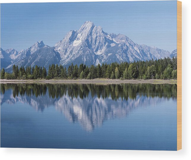 Mountain Wood Print featuring the photograph Mt. Moran at Grand Tetons With Reflection In Lake by William Bitman