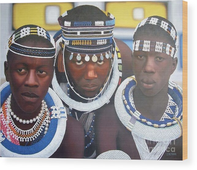 Portrait Wood Print featuring the painting Ndebele Initiates by Edgar Pretorius