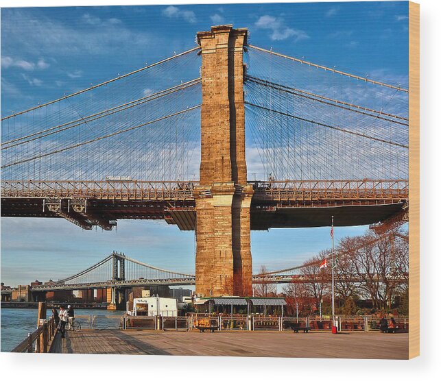 Amazing Brooklyn Bridge Photos Wood Print featuring the photograph New York Bridges Lit by Golden Sunset by Mitchell R Grosky