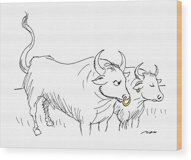 (a Bull With A Nose Ring Eyes A Cow With An Earring.)
Denoting Gender Preference Wood Print featuring the drawing New Yorker November 7th, 1994 by Al Ross