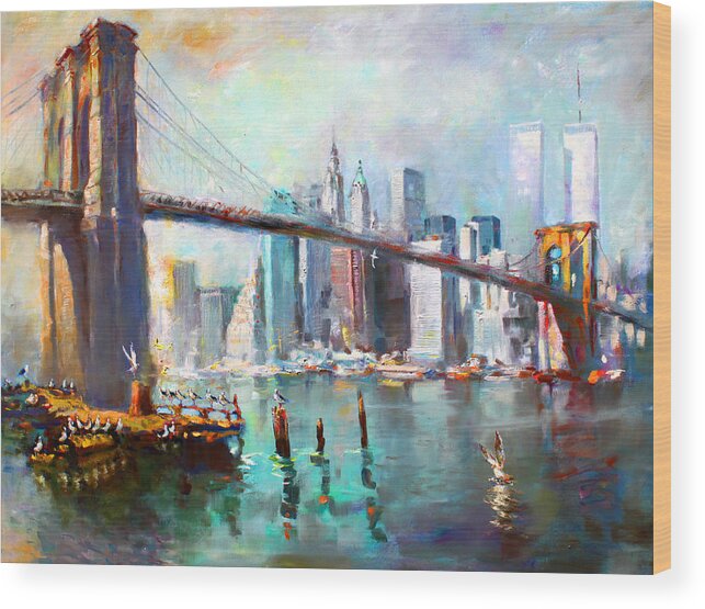 Nyc Wood Print featuring the painting NY City Brooklyn Bridge II by Ylli Haruni