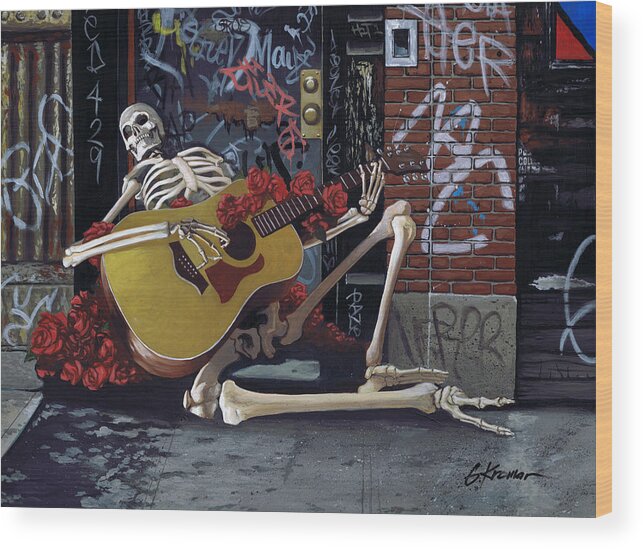 Grateful Dead Wood Print featuring the painting NYC Skeleton player by Gary Kroman