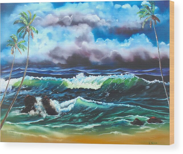  Seascapes Paintings Wood Print featuring the painting Ocean Waves Crashing by Kevin Brown