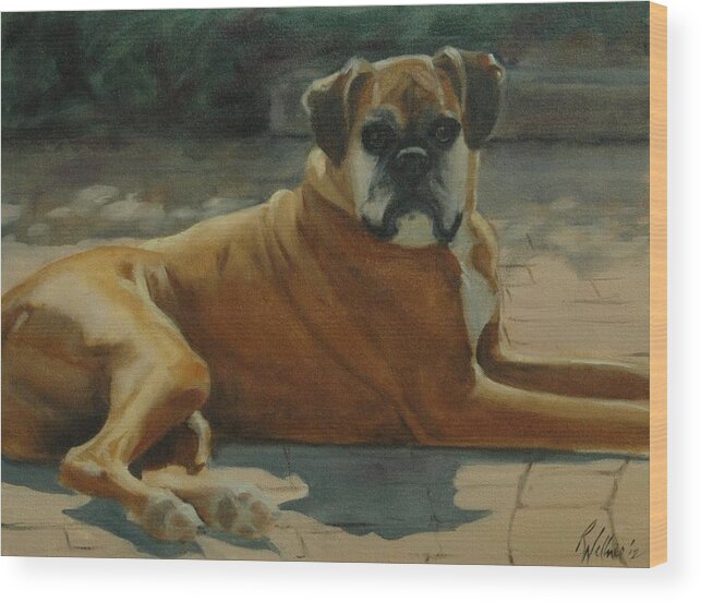 Dog Wood Print featuring the painting Old Boxer by Pet Whimsy Portraits