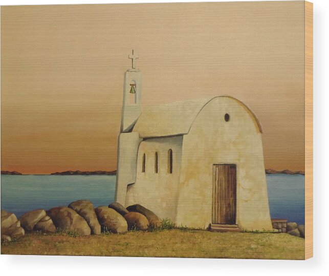 Old White Chapel On The Greek Island Of Mykonos Wood Print featuring the painting Old Chapel on Mykonos by Martin Schmidt