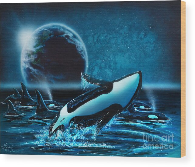Orca Wood Print featuring the painting Orcas at night by Lachri