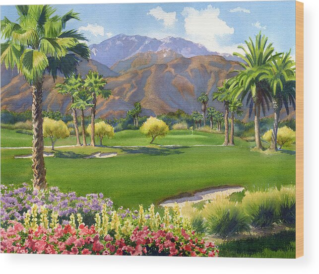 Golf Wood Print featuring the painting Palm Springs Golf Course with Mt San Jacinto by Mary Helmreich
