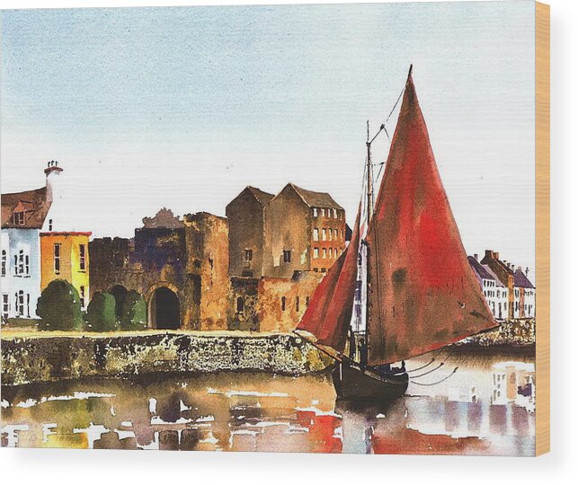 Val Byrne Wood Print featuring the painting Passing the Spanish Arch Galway by Val Byrne