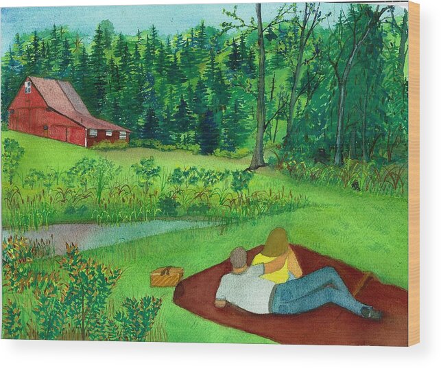 Picnic Wood Print featuring the painting Picnic on the Farm by David Bartsch